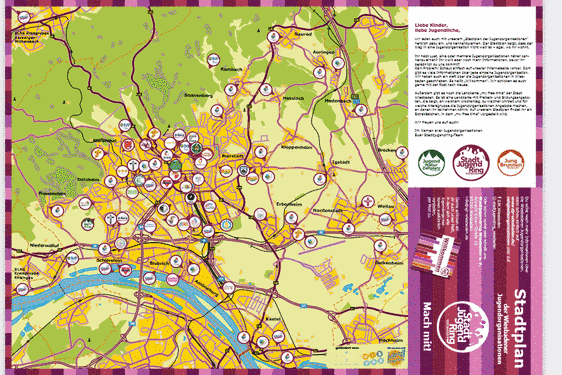 Stadtplan, in dem alle 68 Orte der ehrenamtlichen Kinder- und Jugendarbeit in Wiesbaden verzeichnet sind