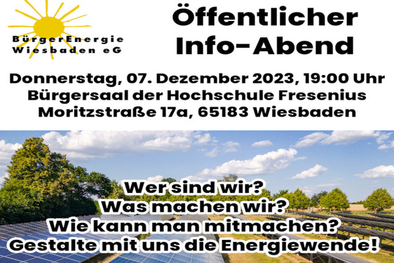 Informationsabend: BürgerEnergie Wiesbaden eG lädt zur öffentlichen Projektvorstellung am Donnerstag, 7. Dezember, im Bürgersaal der Hochschule Fresenius ein.
