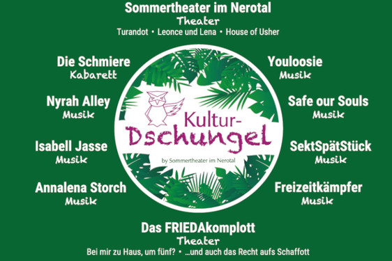 Der Kultur-Dschungel in Wiesbaden ist die deutschlandweit einzigartige Kulturstätte des Sommertheaters im Nerotal. Neben eigenen Theateraufführungen und Gastauftritten des Theaterensembles Frieda Komplott erwartet die Besucher:innen Live-Musik, Lesungen und Kabarett.
