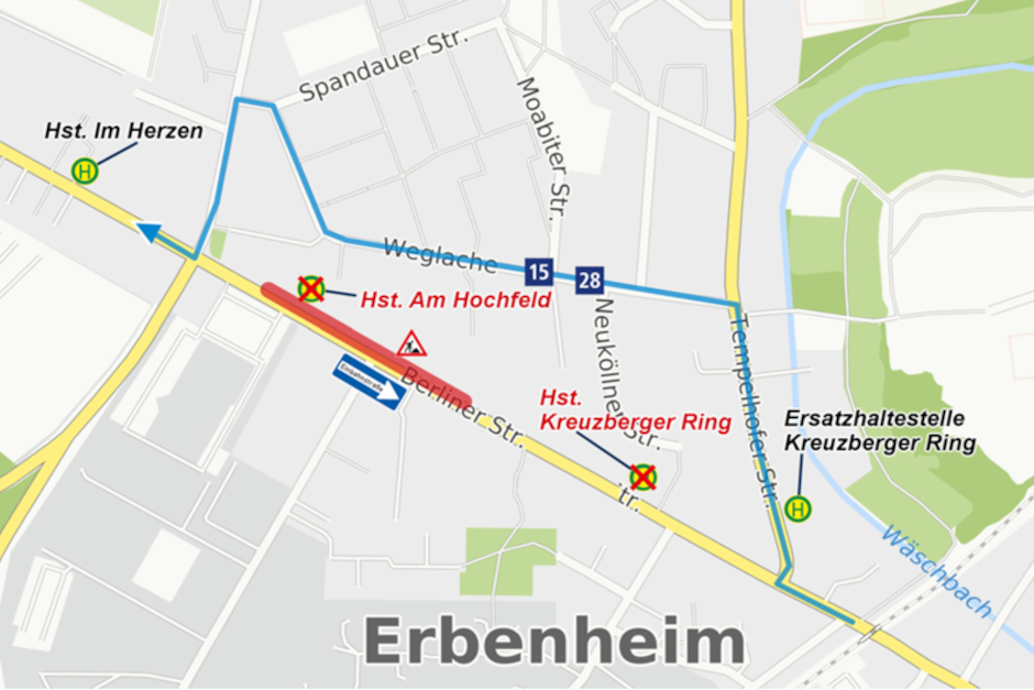 Einbahnstraßenregelung in der Berliner Straße in Wiesbaden-Erbenheim. Busse werden umgeleitet.