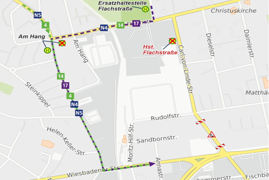 Sperrung Carl-von-Linde-Straße in Wiesbaden – Busse werden umgeleitet.