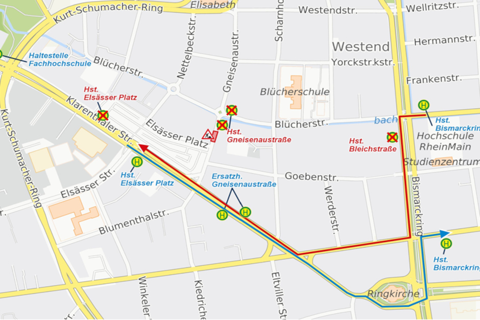 Sperrung Gneisenaustraße in Wiesbaden. Busse werden umgeleitet.