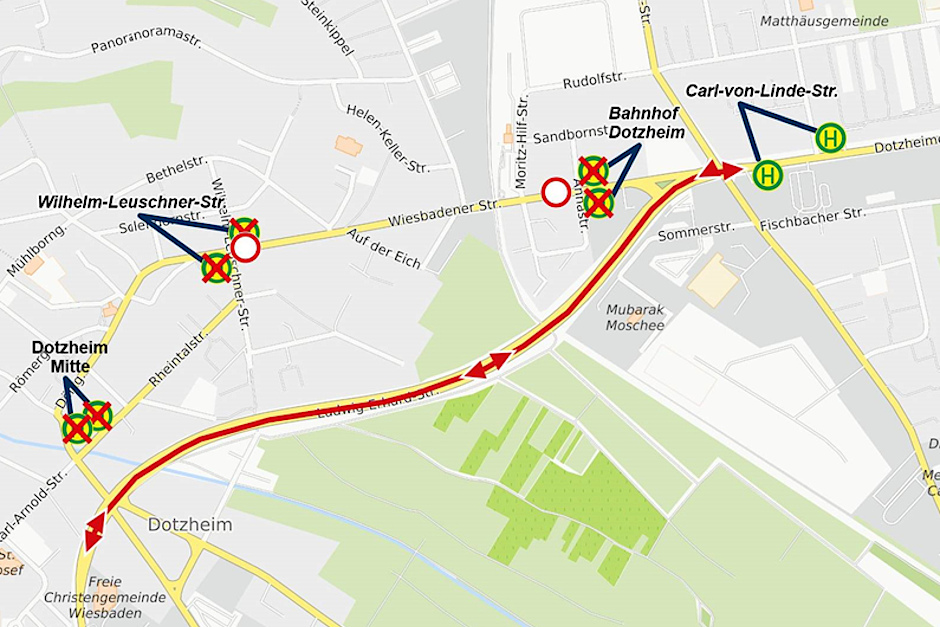 Sperrung der Wiesbadener Straße in Dotzheim. Busse werden umgeleitet.