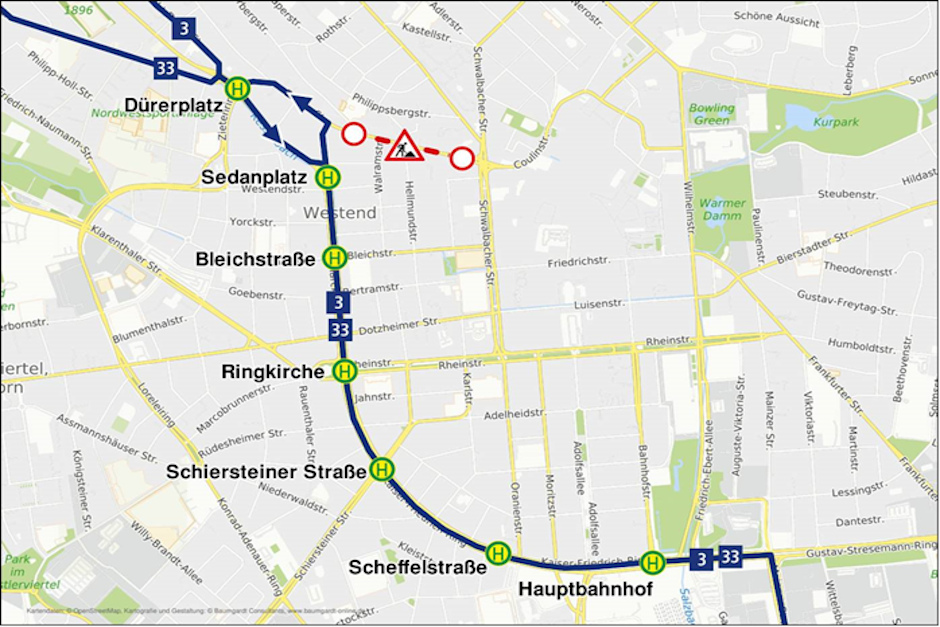 Sperrung der Emser Straße in Wiesbaden. Umleitung für mehrere Buslinien.