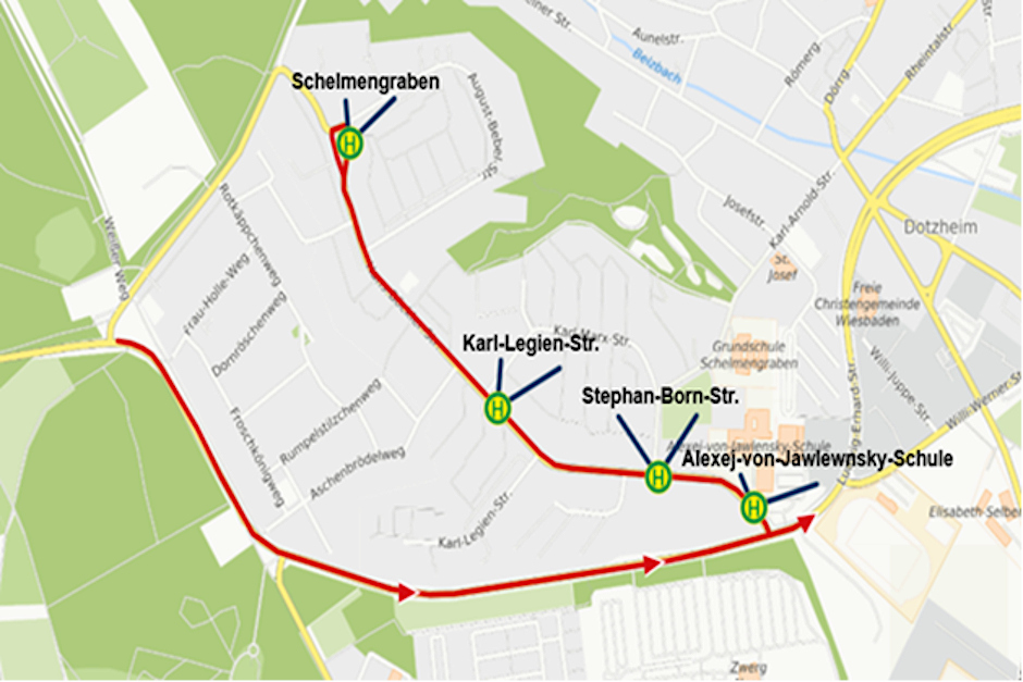 Vollsperrung der Frauensteiner Straße in Wiesbaden-Dotzheim. Busse werden umgeleitet.