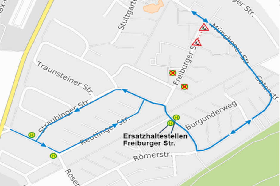 Sperrung der Freiburger Straße in Wiesbaden-Delkenheim. Busse werden umgeleitet.