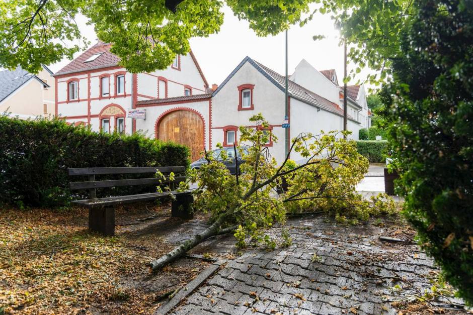 Unwetter trifft Wiesbaden-Nordenstadt am Montagabend. Feuerwehr im Dauereinsatz wegen umgestürzter Bäume und überfluteter Straßen.