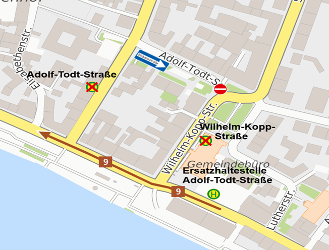 Einbahnstraßenregelung Adolf-Todt-Straße in Wiesbaden-Biebrich: Linie 9 wird umgeleitet. 