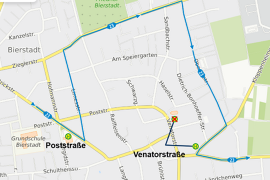 Ab sofort gilt für die Patrickstraße in Wiesbaden eine geänderte Umleitung für die Linien 23.