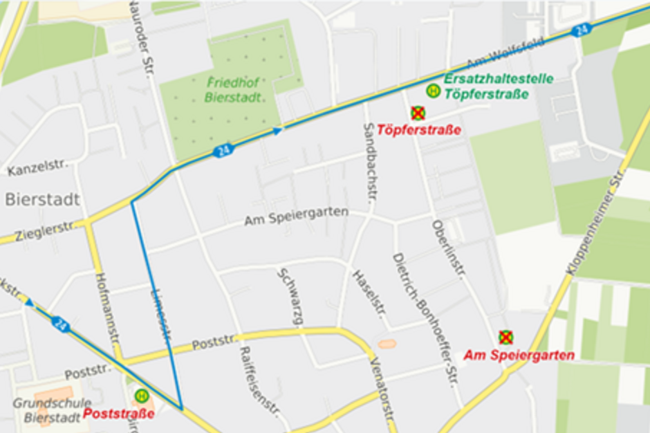 Ab sofort gilt für die Patrickstraße in Wiesbaden eine geänderte Umleitung für die Linien 24.