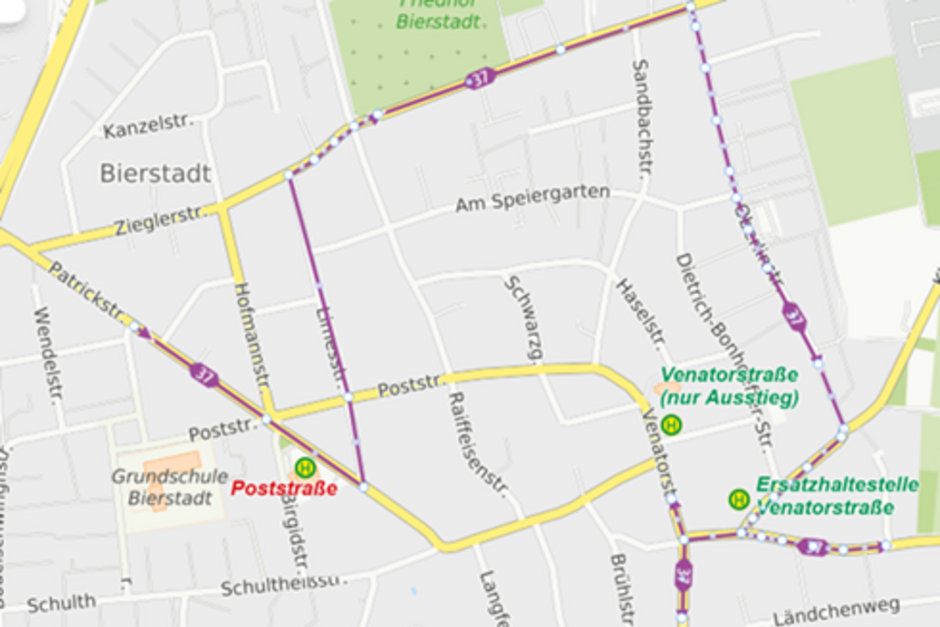 Ab sofort gilt für die Patrickstraße in Wiesbaden eine geänderte Umleitung für die Linien 37.