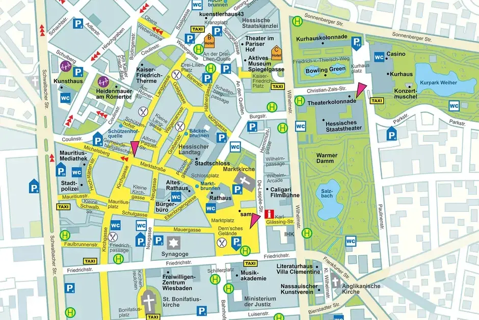 Die Landeshauptstadt Wiesbaden hat einen neuen Innenstadtplan mit Hinweisen zur Barrierefreiheit erstellt.