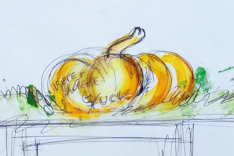 Herbstliches Jubiläum: Kunsthaus Wiesbaden feiert Kürbissuppenfest am Samstag, 04. Oktober, Zeichnung: Vollrad Kutscher