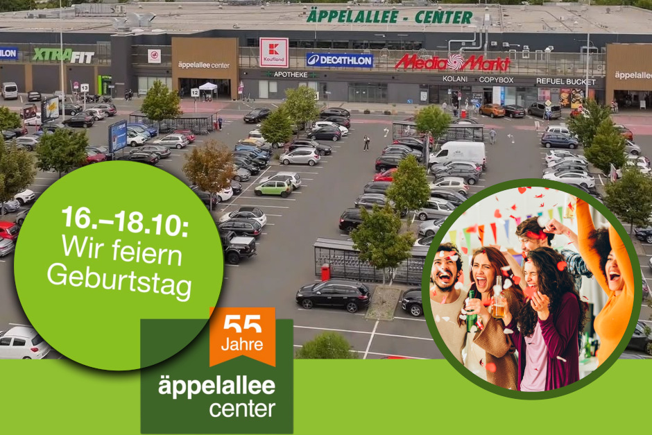 55 Jahre Äppelallee-Center Wiesbaden-Biebrich. Großes Jubiläum, große Party – Shoppen und Feiern lohnt sich! Drei Tage wird gefeiert.