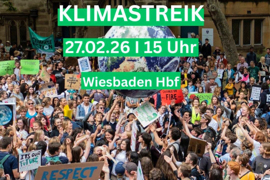 Kurz vor den hessischen Kommunalwahlen am 15. März streikt Fridays for Future Wiesbaden am 27. Februar um 15 Uhr am Hauptbahnhof. Forderungen: Klimaschutz in Lokalpolitik, Ausstieg aus fossilen Energien und Stopp der Flächenversiegelung beim Ostfeld.