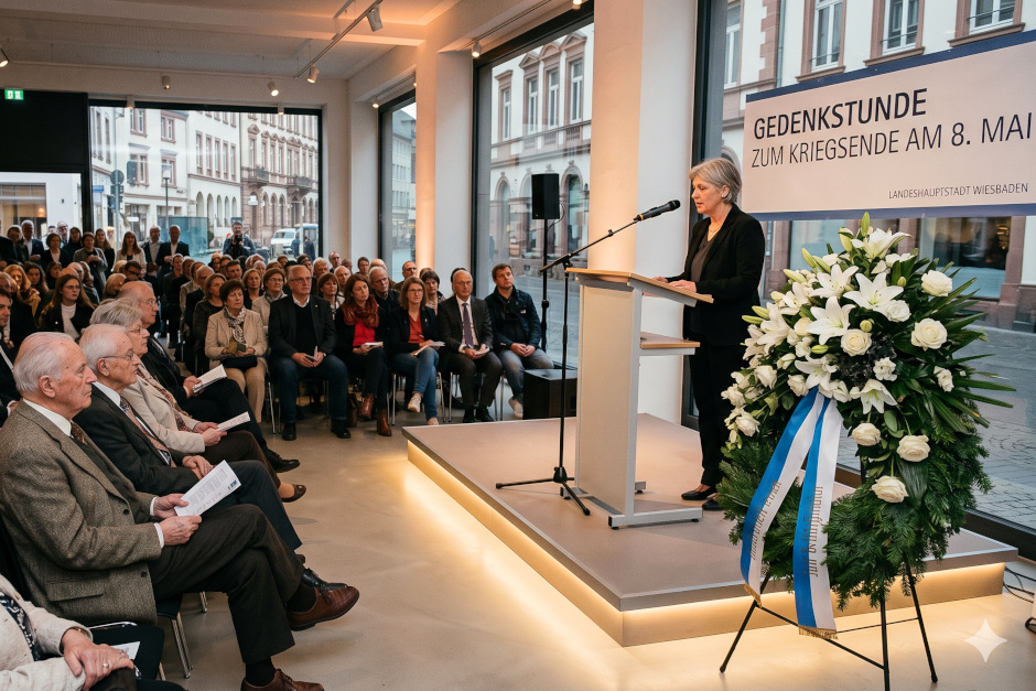 Am 8. Mai lädt Wiesbaden zur Gedenkstunde im WerkRaum (ehemaliges Sport-Scheck-Gebäude) ein. Oberbürgermeister Gert-Uwe Mende und Historiker Dr. Philipp Kratz beleuchten politische Herrschaft und Entnazifizierung in Wiesbaden 1945 und 1955