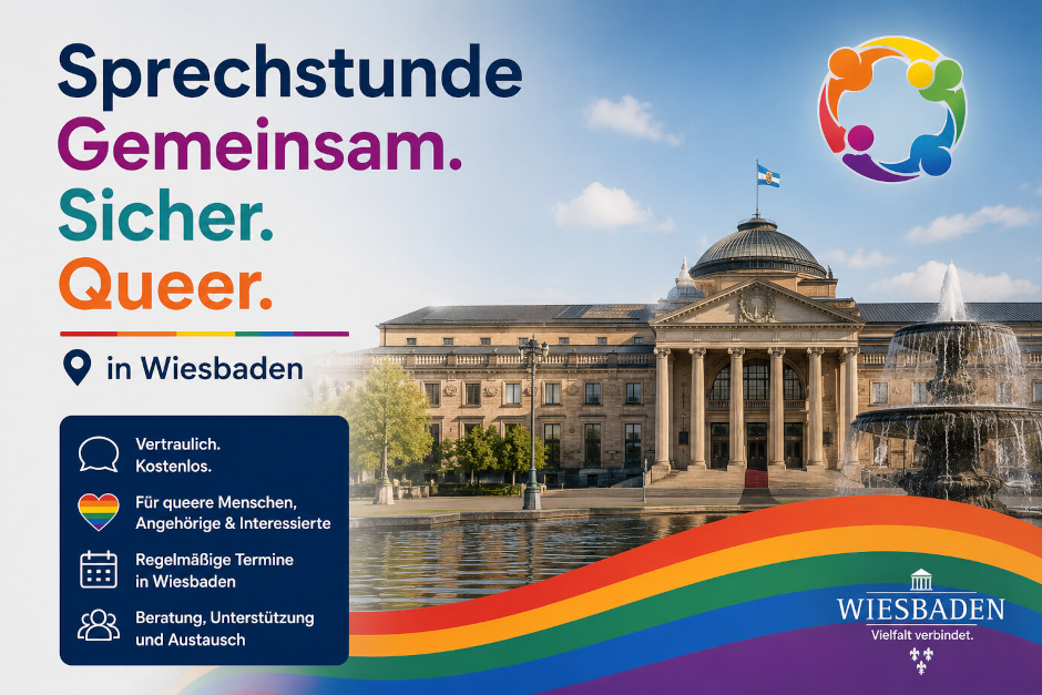 Im Rahmen des Queeren Sommers bieten Stadt, Polizei und VelsPol Hessen erstmals eine offene Sprechstunde im Wiesbadener Rathaus an. Unter dem Titel „Gemeinsam. Sicher. Queer.“ gibt es am 20. Mai persönliche Gespräche, Informationen und Unterstützung für LSBT*IQ-Menschen und alle Interessierten.
