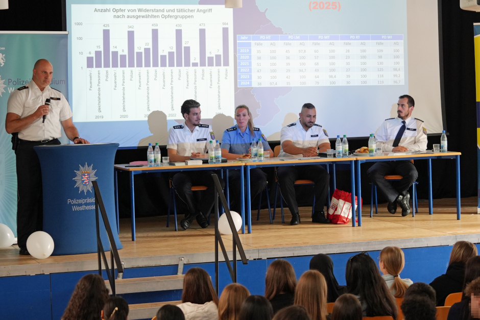 Am Montagmorgen fand in der Hermann-Ehlers-Schule in Wiesbaden-Erbenheim eine Veranstaltung der Dialogreihe „Cops im Dialog – Polizei und Schule im Austausch" statt. Das Format ist Teil des „Respekt-Pakets" der Hessischen Landesregierung und zielt darauf ab, das gegenseitige Verständnis zwischen Jugendlichen und Einsatzkräften zu fördern sowie für ein respektvolles Miteinander zu sensibilisieren