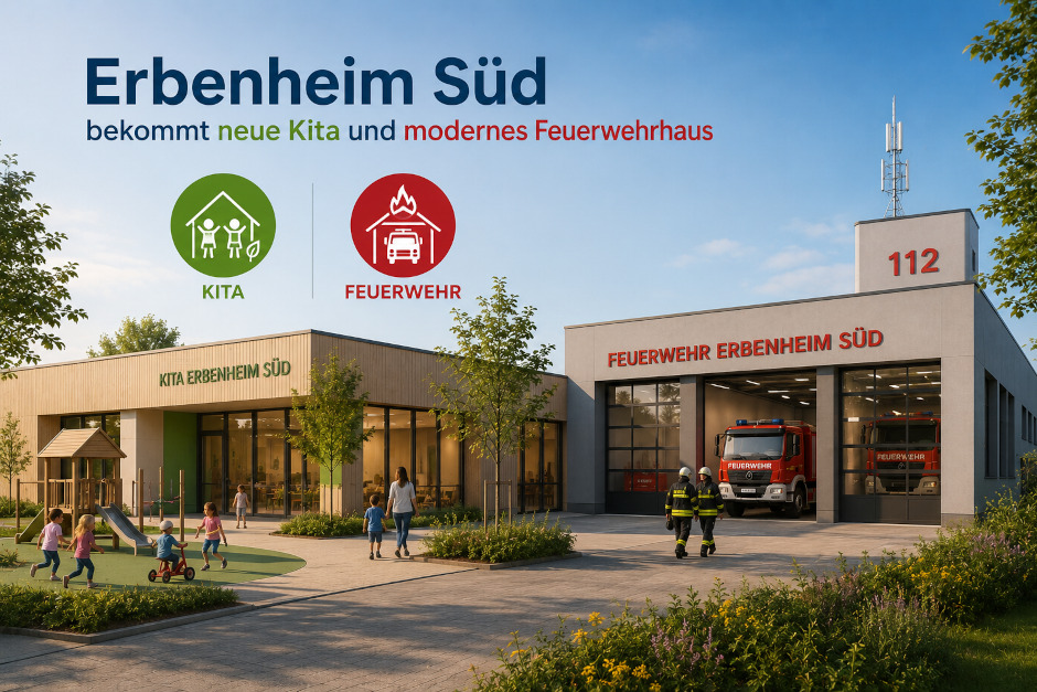 In Erbenheim Süd soll ein gemeinsamer Neubau für eine fünfgruppige Kindertagesstätte und ein Feuerwehrhaus der Freiwilligen Feuerwehr Erbenheim entstehen. Der Magistrat hat die Pläne jetzt auf den Weg gebracht; die endgültige Entscheidung liegt bei den Stadtverordneten.