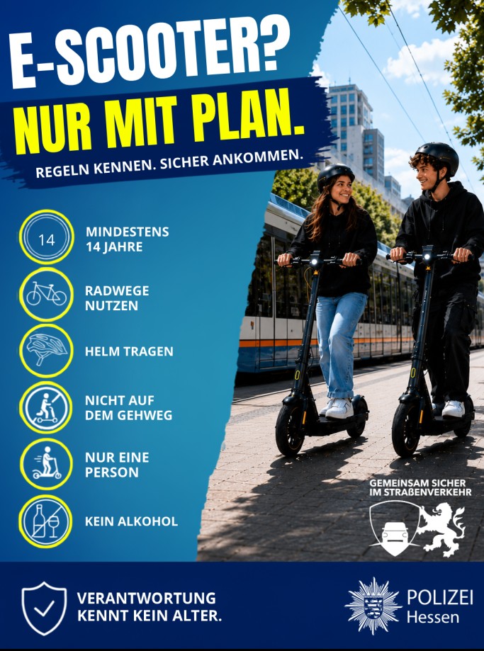 Am Mittwoch, 8. Juli 2026, informiert die Präventionsabteilung des Polizeipräsidiums Westhessen auf dem Mauritiusplatz über die sichere Nutzung von E-Scootern. Besonders Jugendliche und junge Erwachsene sind eingeladen, sich über Verkehrsregeln, Unfallgefahren und rechtliche Folgen bei Verstößen zu informieren.
