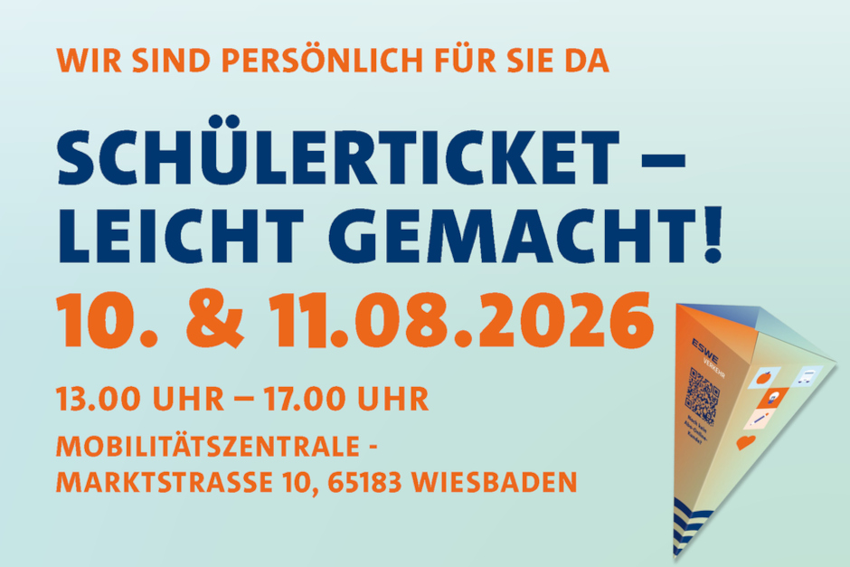 Zum Schulstart bietet ESWE Verkehr in Wiesbaden wieder die Aktion „Schülerticket – leicht gemacht“ an. Am 10. und 11. August können Eltern und Schülerinnen und Schüler ihre Anträge in der Mobilitätszentrale am Marktplatz persönlich erledigen und sich direkt beraten lassen.