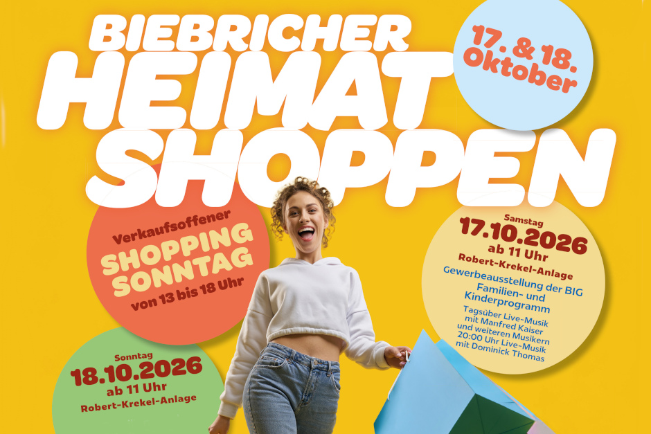 Biebricher Heimat Shoppen am 17. und 18. Oktober 2026: Gewerbeschau, Live-Musik mit Dominick Thomas, verkaufsoffener Sonntag und Austrinken am Weinstand.