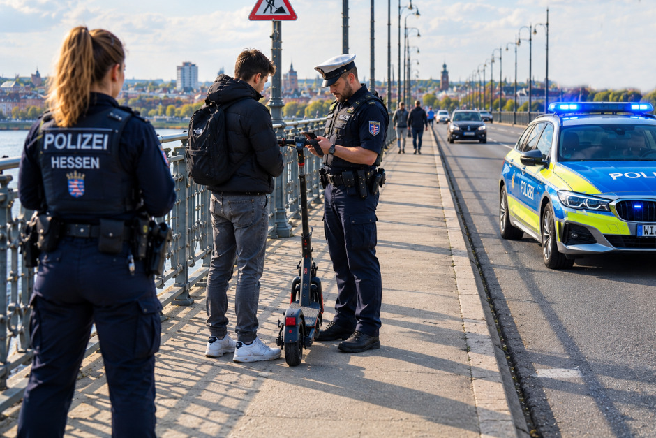 Großkontrolle in Mainz-Kastel: Polizei stoppt E-Scooter mit bis zu 85 km/h, zieht Fahrer unter Heroin-Verdacht aus dem Verkehr und stellt Diebesgut sicher.